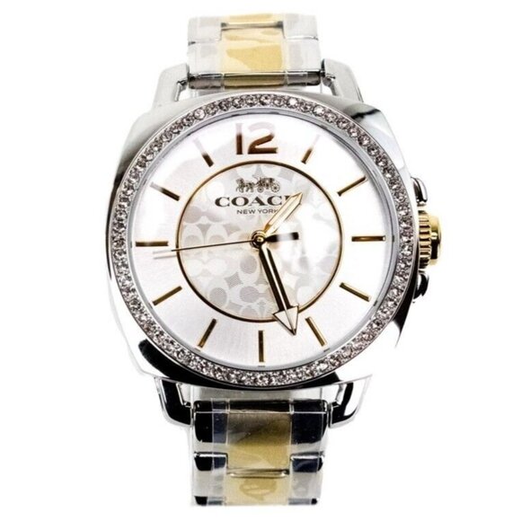 NEW Coach Women's Boyfriend Watch Crystal Bezel Logo Dial Silver and Gold Toned - Picture 2 of 12
